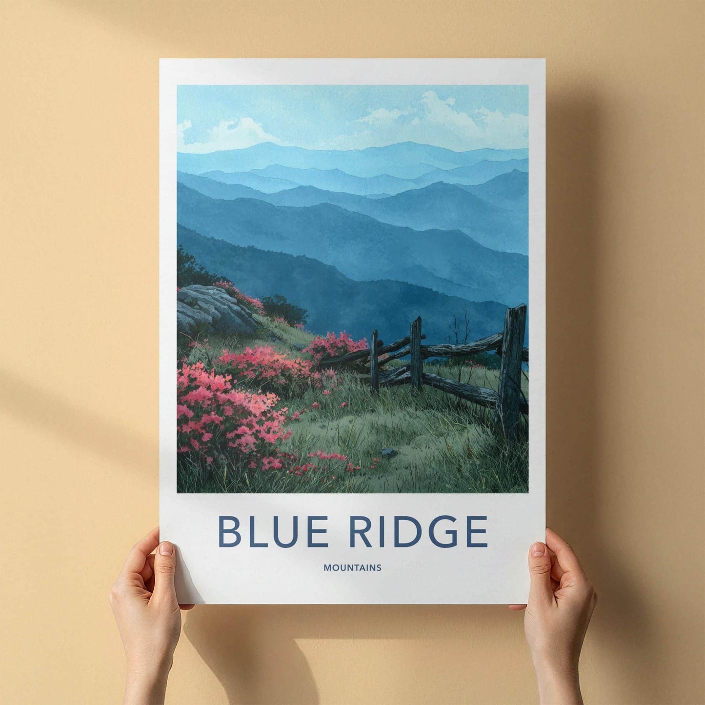 Blue Ridge Mountains Poster - North Carolina Scenic Art - Pink floral fence Home Decor