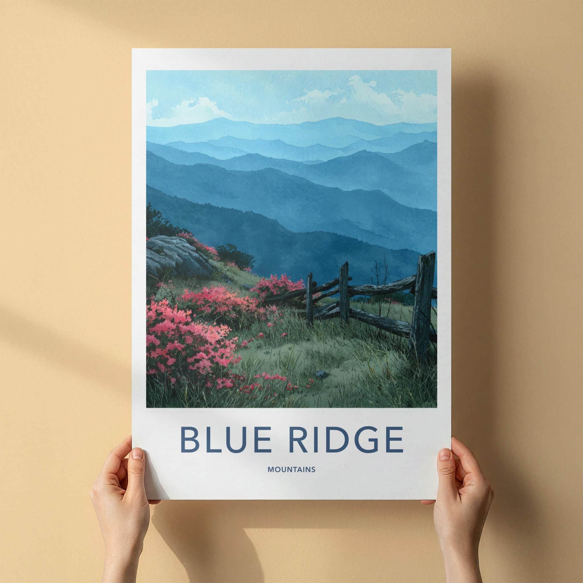 Blue Ridge Mountains Poster - North Carolina Scenic Art - Pink floral fence Home Decor