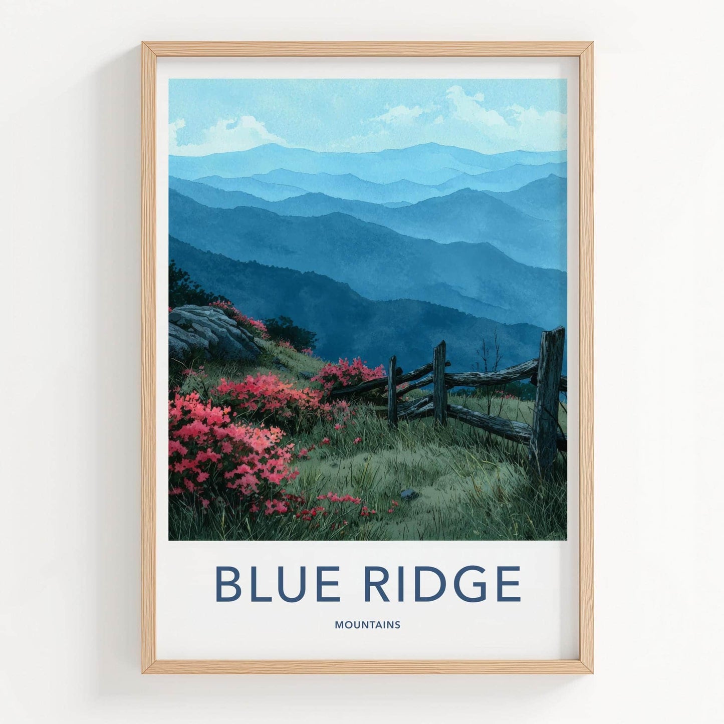 Blue Ridge Mountains Poster - North Carolina Scenic Art - Pink floral fence Home Decor