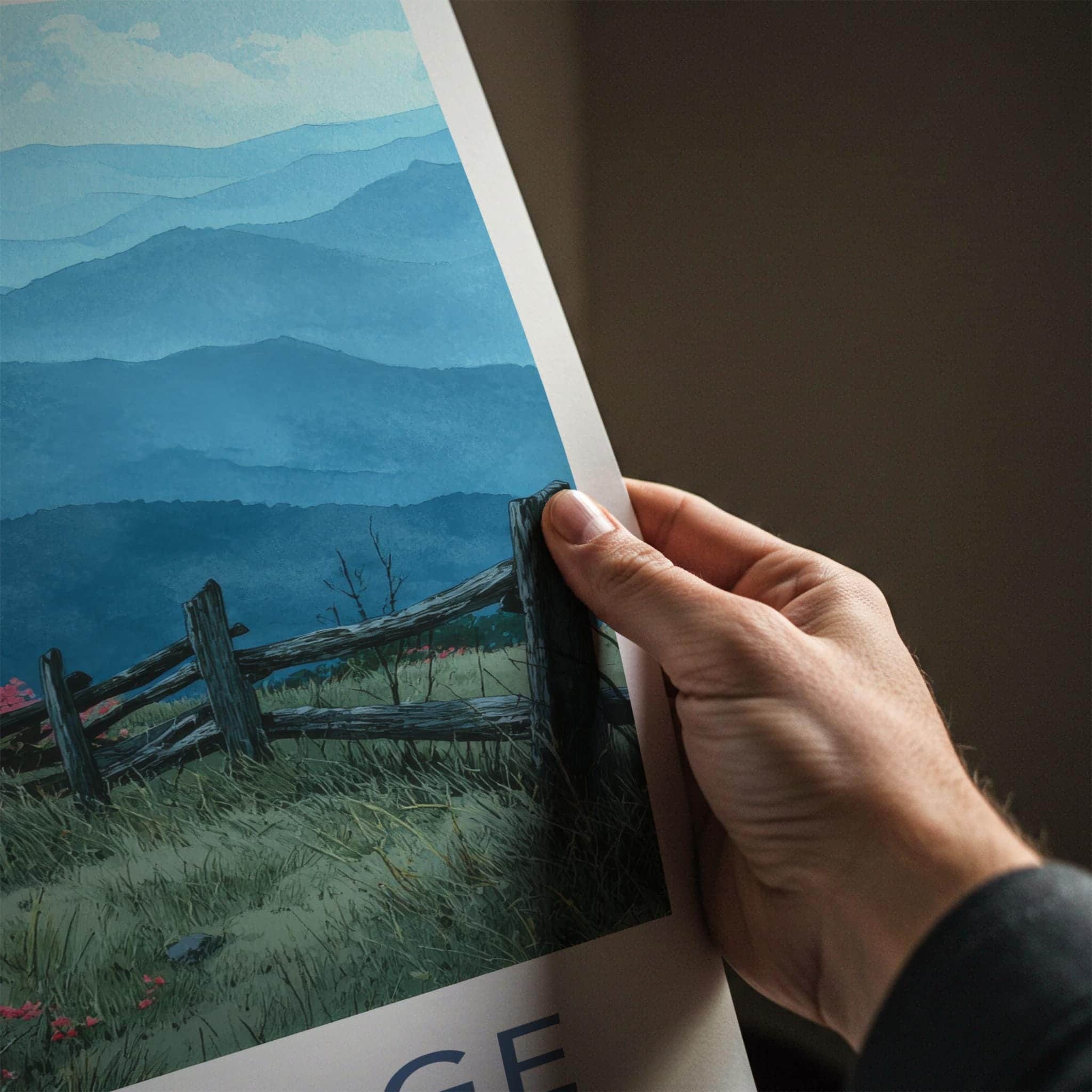 Blue Ridge Mountains Poster - North Carolina Scenic Art - Pink floral fence Home Decor