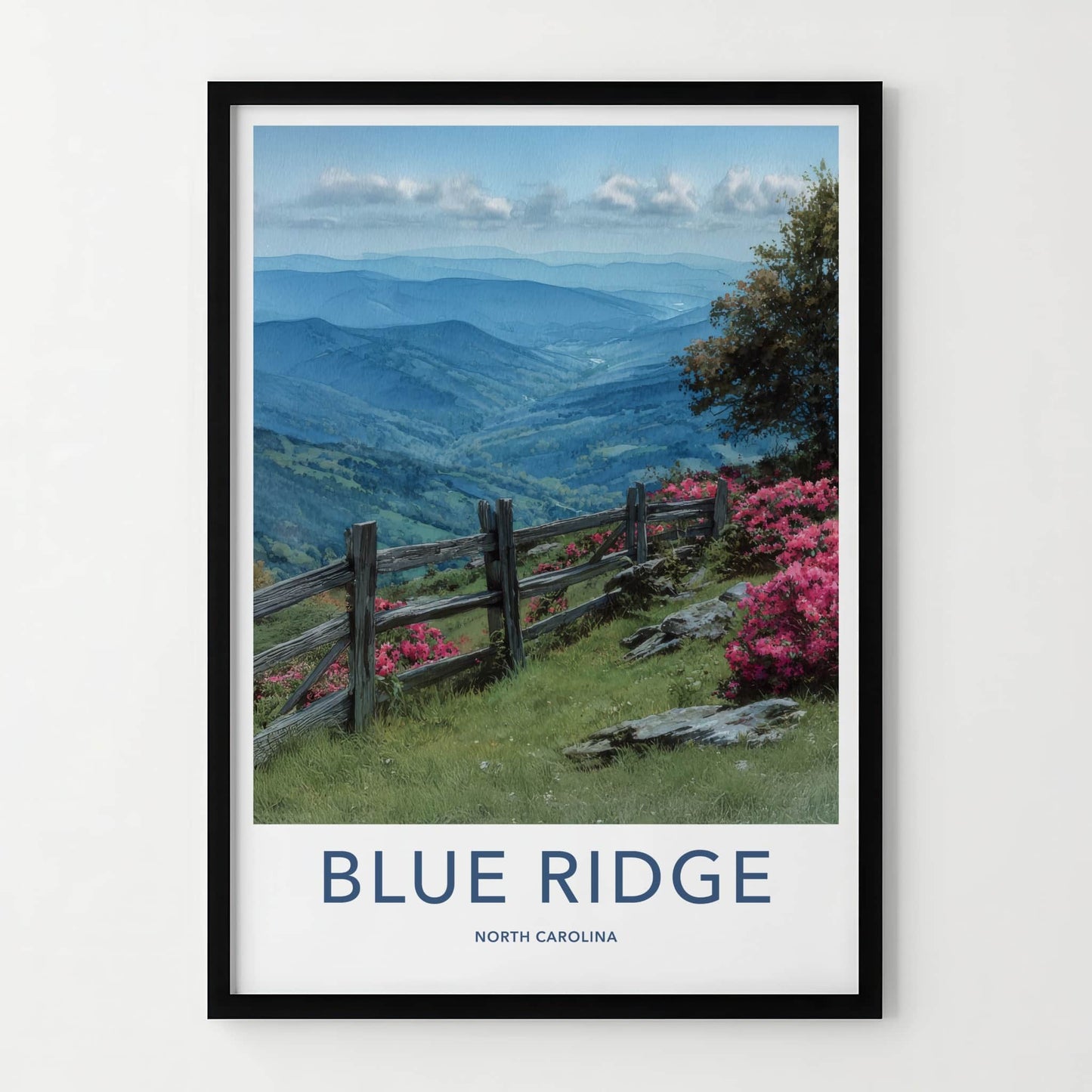 Blue Ridge Poster - North Carolina Travel Art - Fencing Hillside Blooms Home Decor