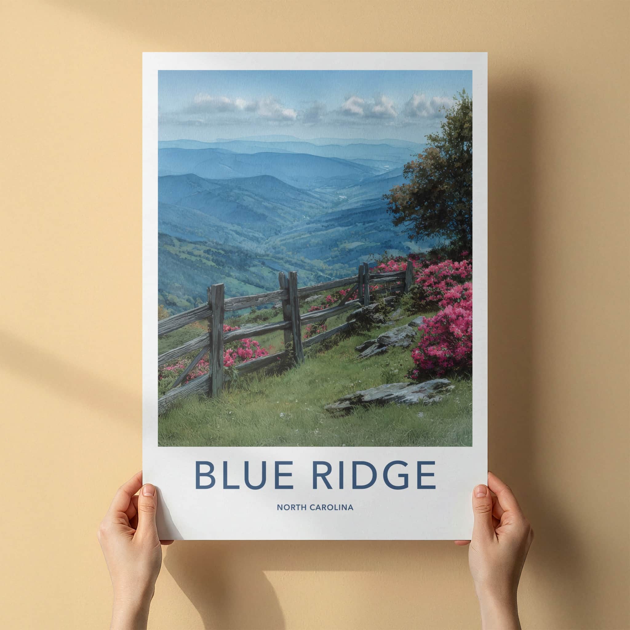 Blue Ridge Poster - North Carolina Travel Art - Fencing Hillside Blooms Home Decor