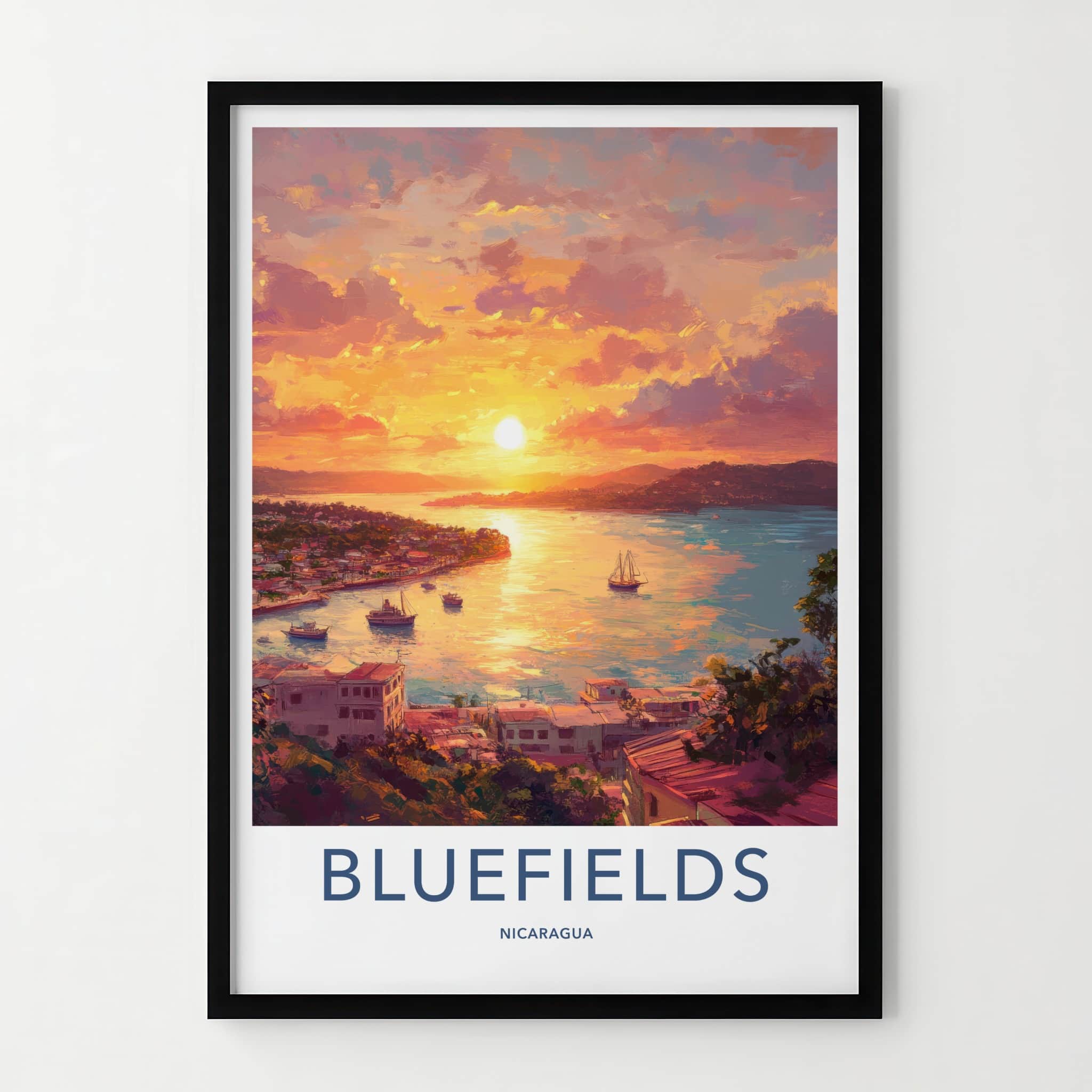 Bluefields Poster - Nicaragua Travel Art - Coastal Town Sunset Home Decor