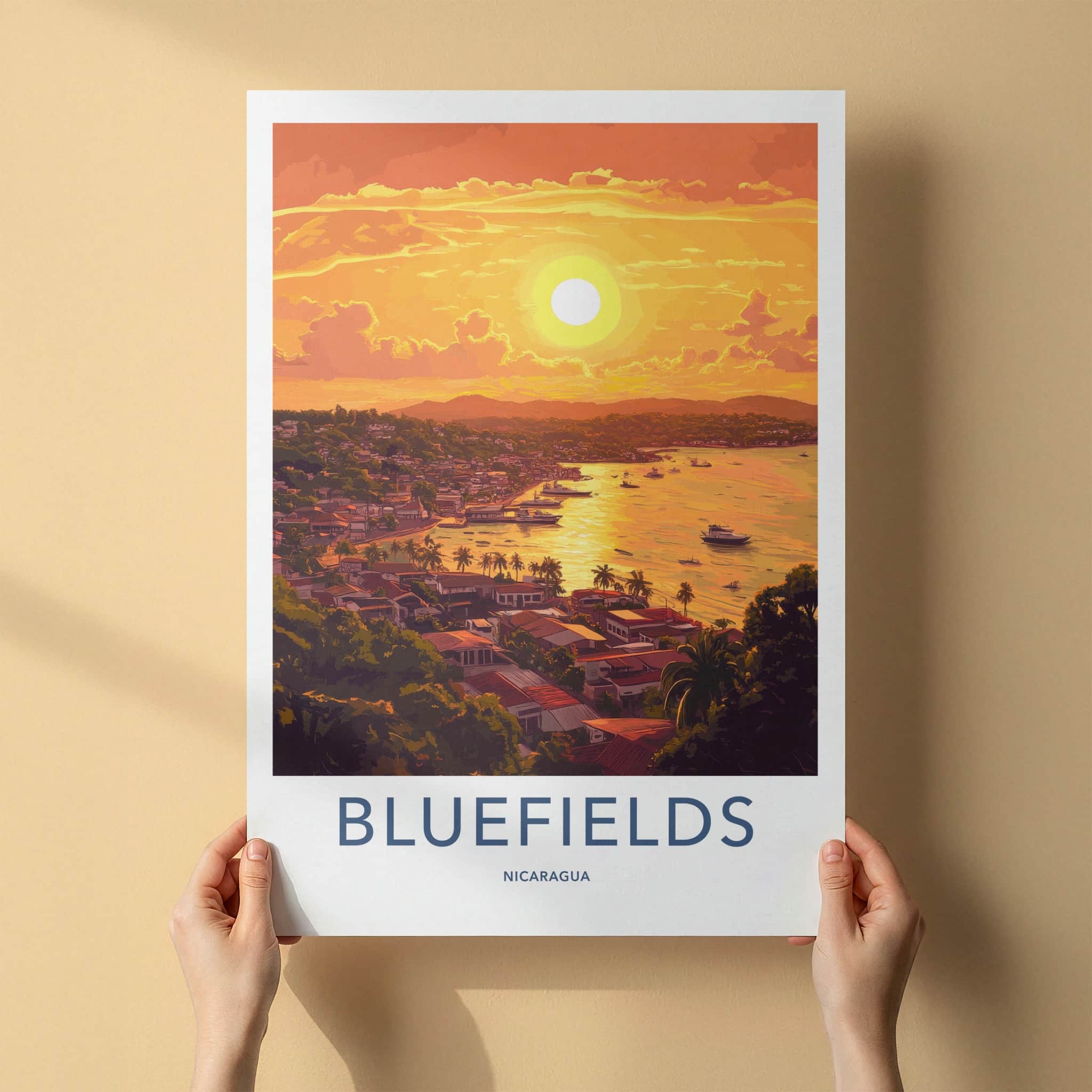 Bluefields Poster - Nicaragua Travel Art - Vibrant Sunset Harbor Home Decor