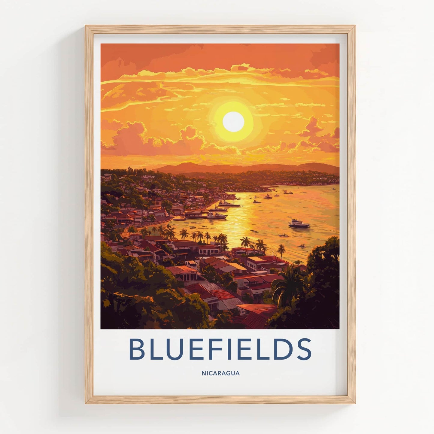 Bluefields Poster - Nicaragua Travel Art - Vibrant Sunset Harbor Home Decor