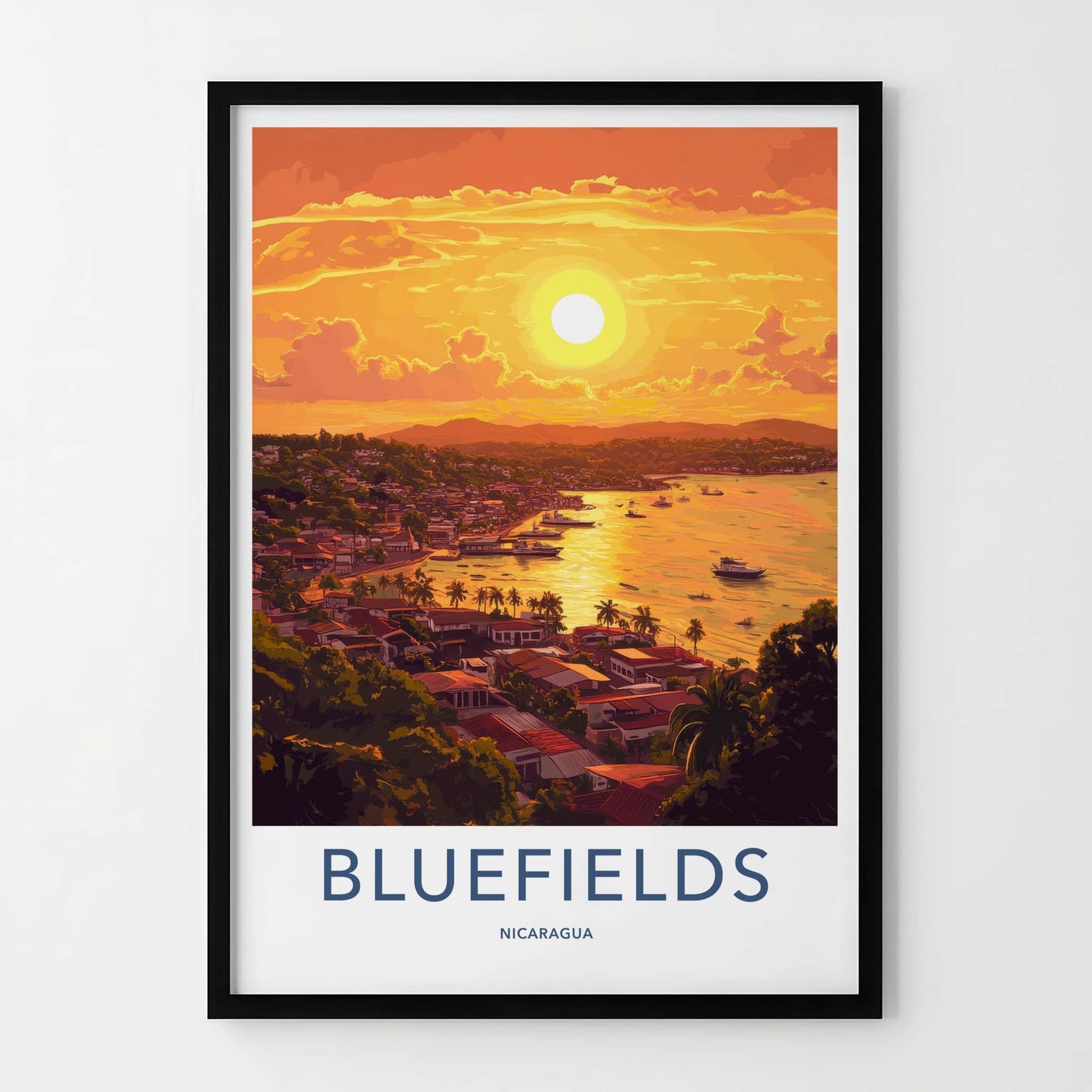 Bluefields Poster - Nicaragua Travel Art - Vibrant Sunset Harbor Home Decor