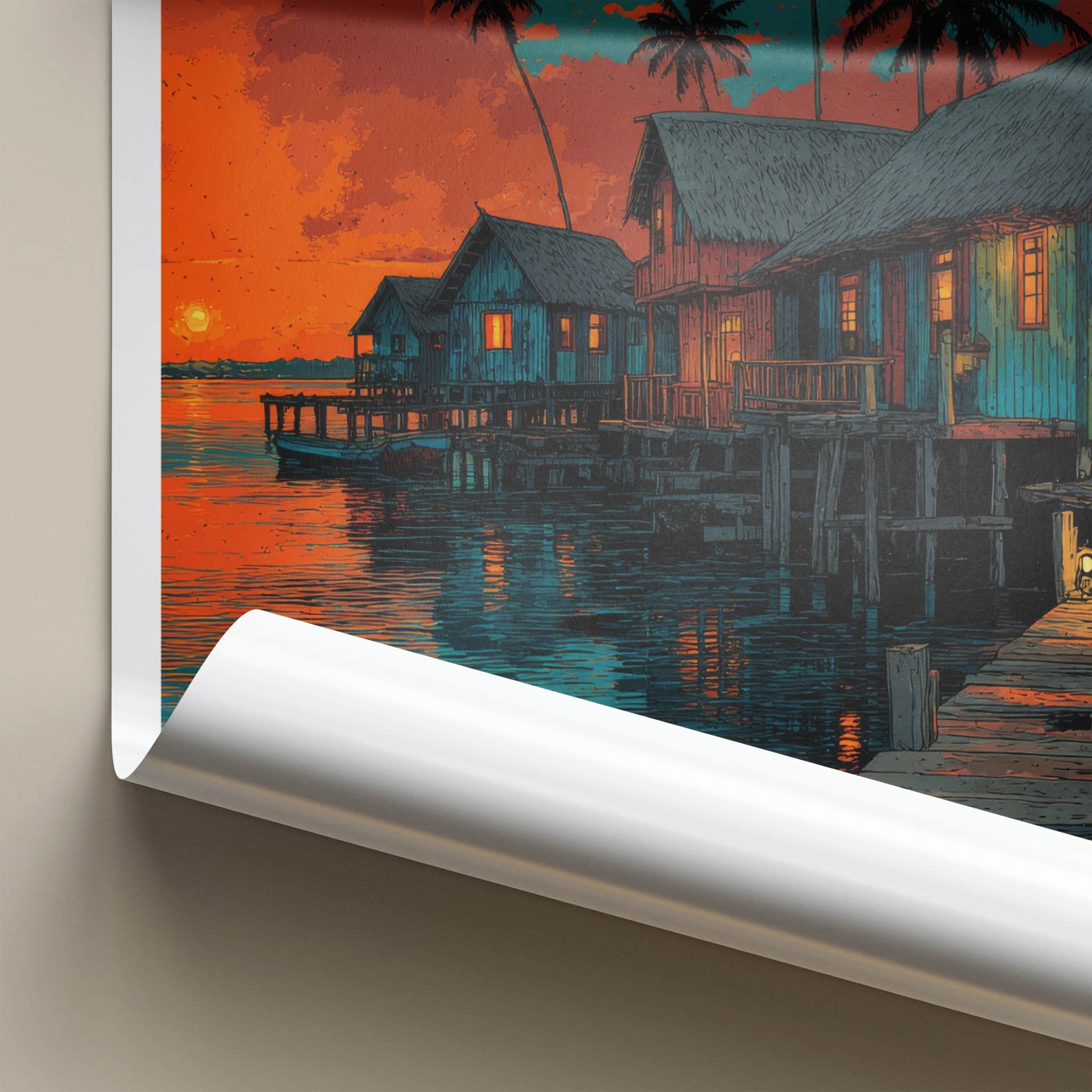 Bocas del Toro Poster - Panama Travel Art - Stilt Houses Sunset Wall Decor