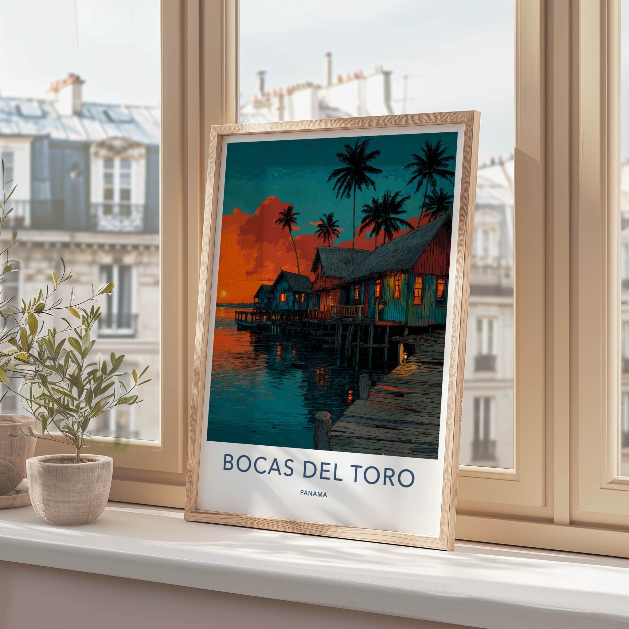 Bocas del Toro Poster - Panama Travel Art - Stilt Houses Sunset Wall Decor