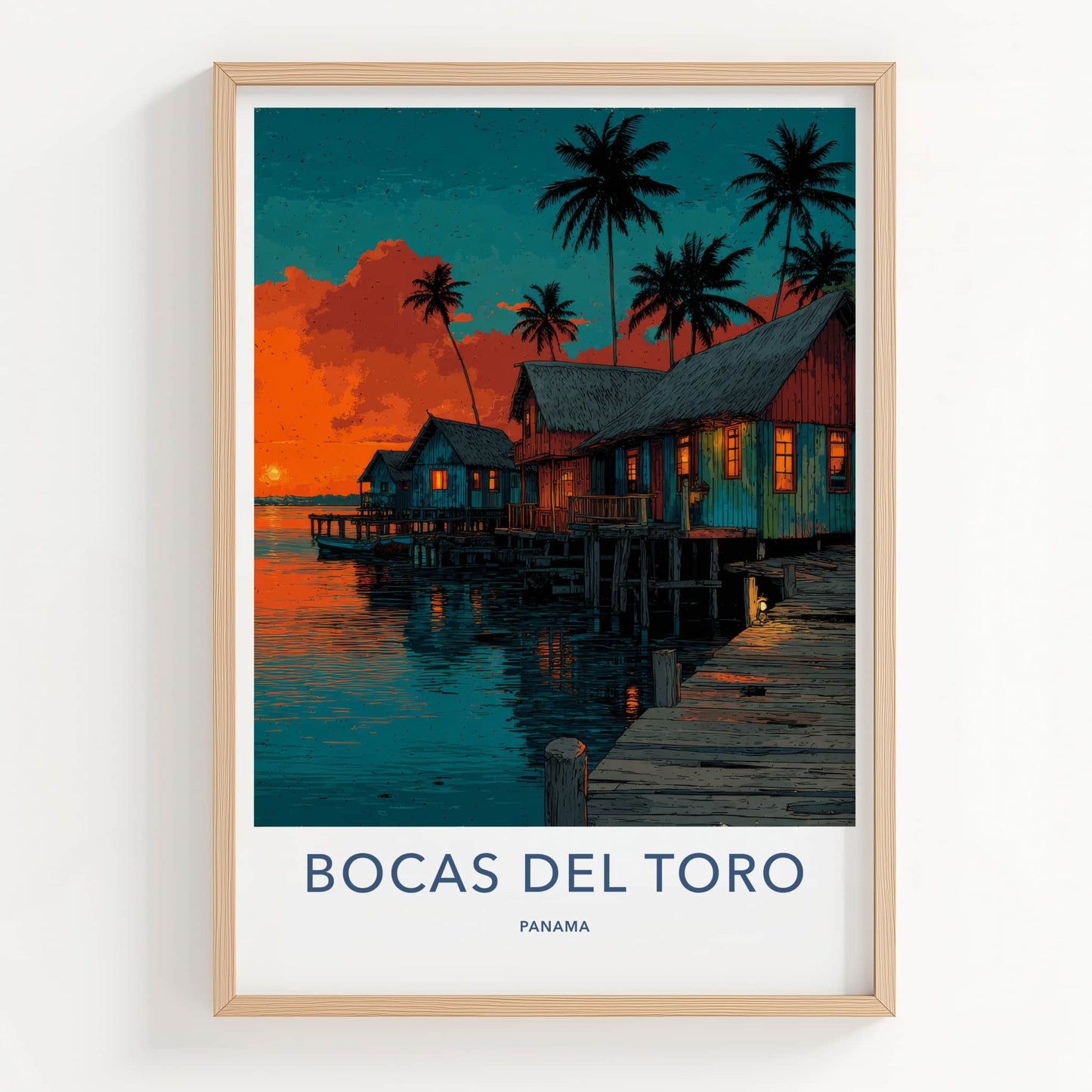 Bocas del Toro Poster - Panama Travel Art - Stilt Houses Sunset Wall Decor