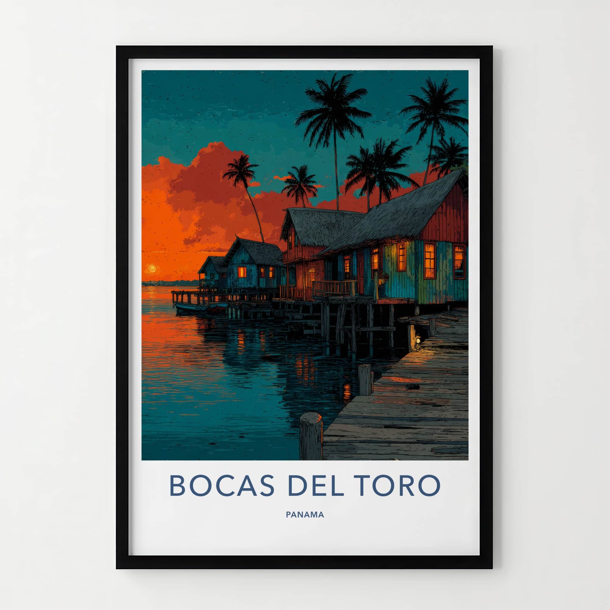 Bocas del Toro Poster - Panama Travel Art - Stilt Houses Sunset Wall Decor