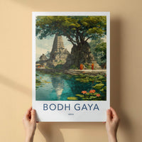 Bodh Gaya Poster - India Travel Art - Bihar Ancient Temple Pond Home Decor
