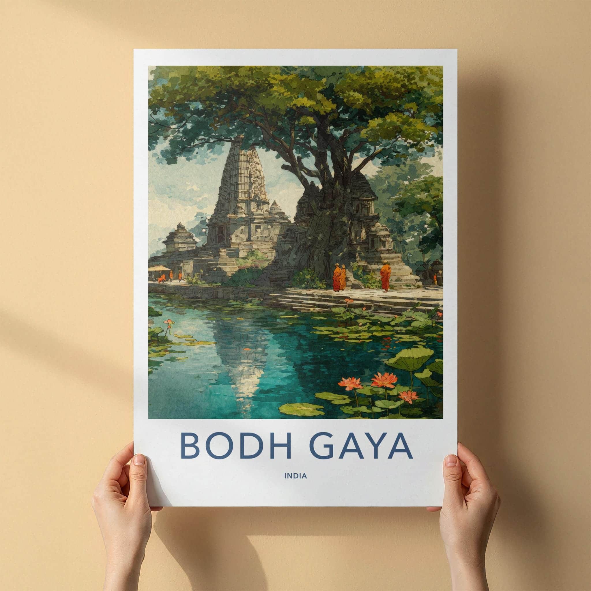 Bodh Gaya Poster - India Travel Art - Bihar Ancient Temple Pond Home Decor