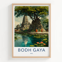 Bodh Gaya Poster - India Travel Art - Bihar Ancient Temple Pond Home Decor