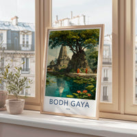 Bodh Gaya Poster - India Travel Art - Bihar Ancient Temple Pond Home Decor