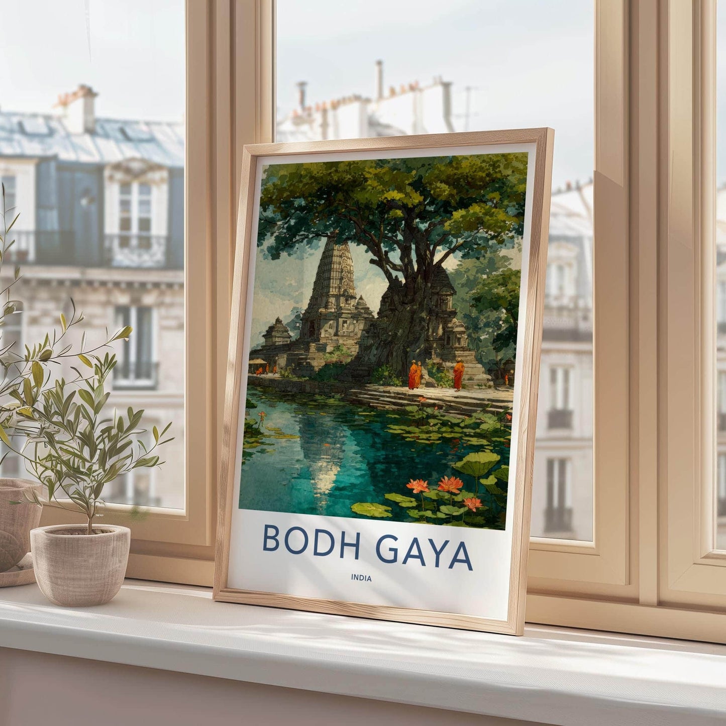 Bodh Gaya Poster - India Travel Art - Bihar Ancient Temple Pond Home Decor