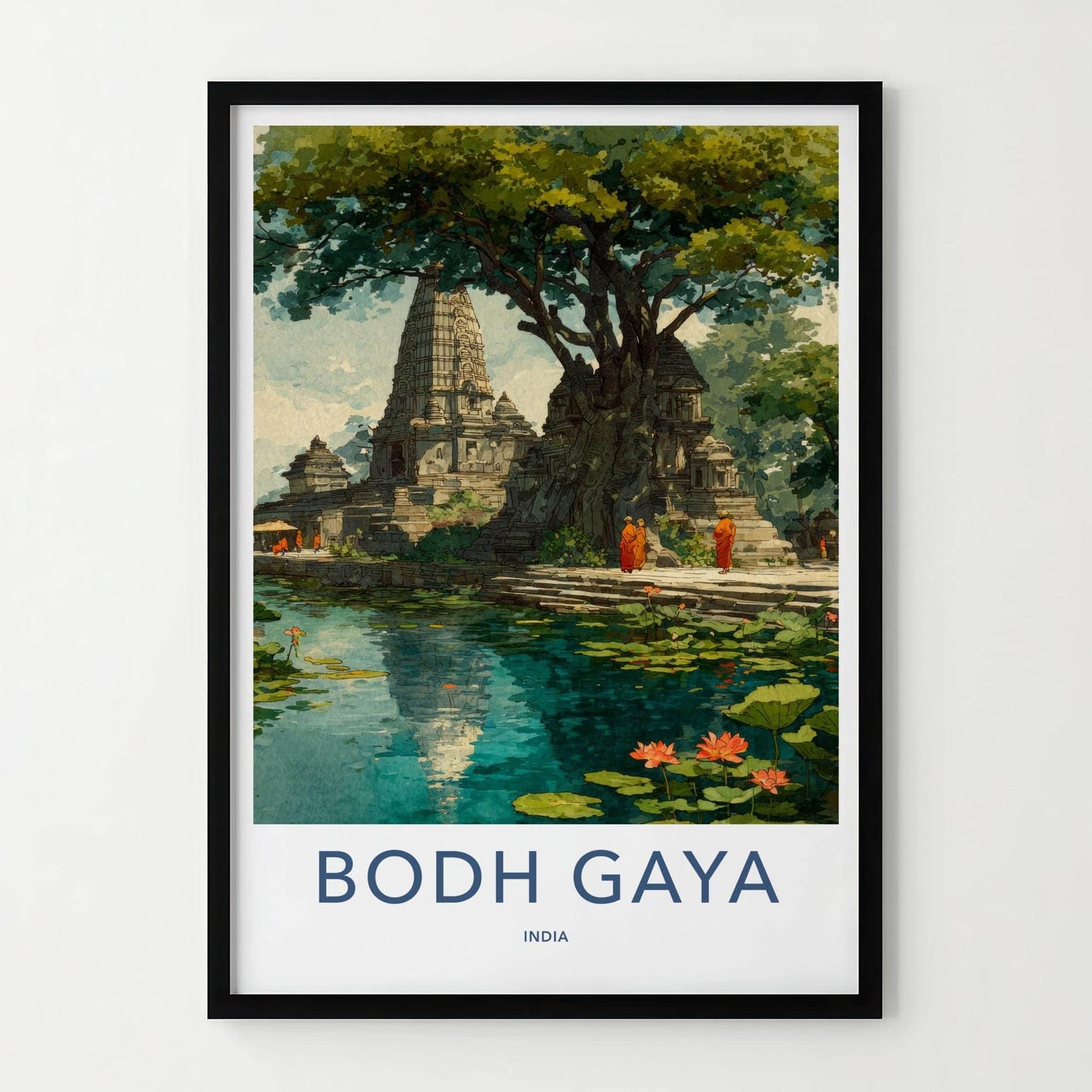 Bodh Gaya Poster - India Travel Art - Bihar Ancient Temple Pond Home Decor