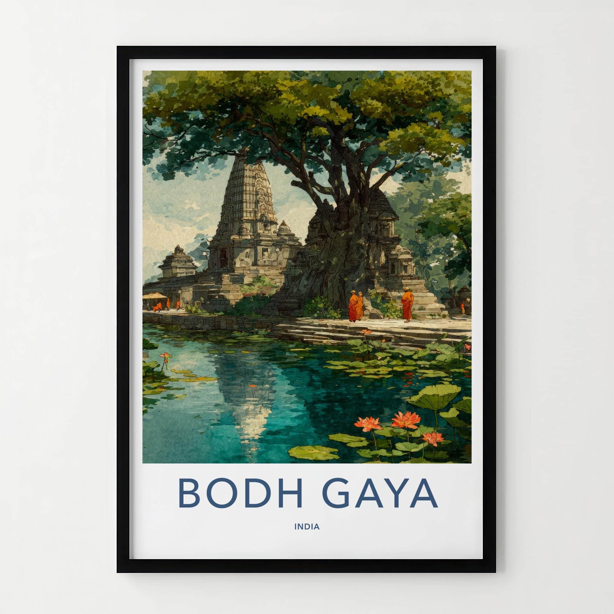 Bodh Gaya Poster - India Travel Art - Bihar Ancient Temple Pond Home Decor