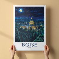 Boise Poster - Idaho Travel Art - Capitol Moonlit Night Home Decor