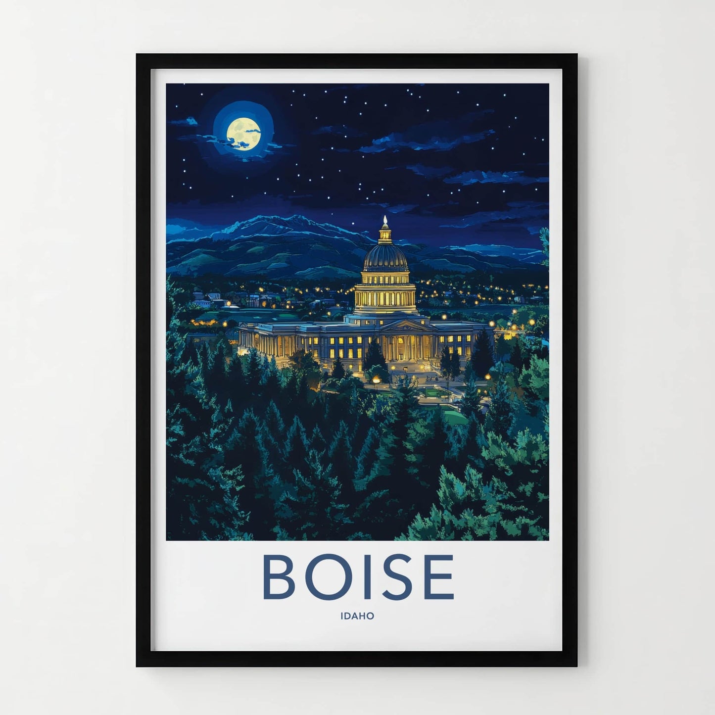 Boise Poster - Idaho Travel Art - Capitol Moonlit Night Home Decor