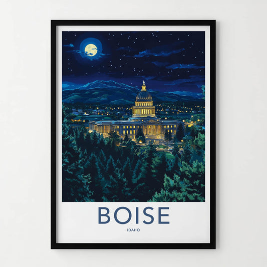 Boise Poster - Idaho Travel Art - Capitol Moonlit Night Home Decor
