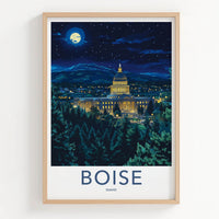 Boise Poster - Idaho Travel Art - Capitol Moonlit Night Home Decor