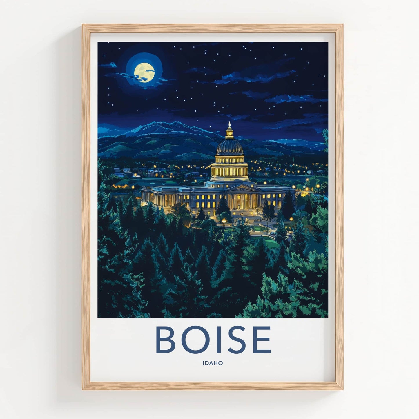 Boise Poster - Idaho Travel Art - Capitol Moonlit Night Home Decor