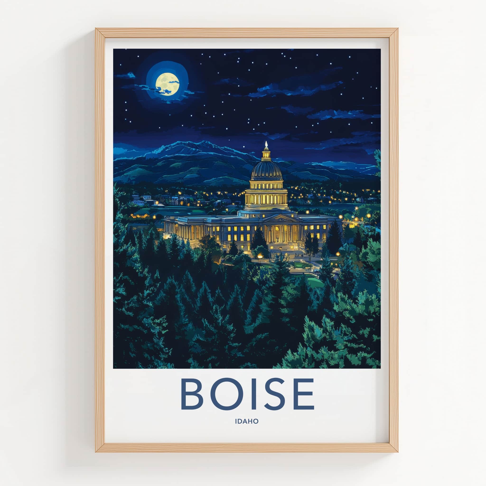Boise Poster - Idaho Travel Art - Capitol Moonlit Night Home Decor