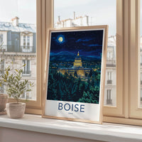Boise Poster - Idaho Travel Art - Capitol Moonlit Night Home Decor