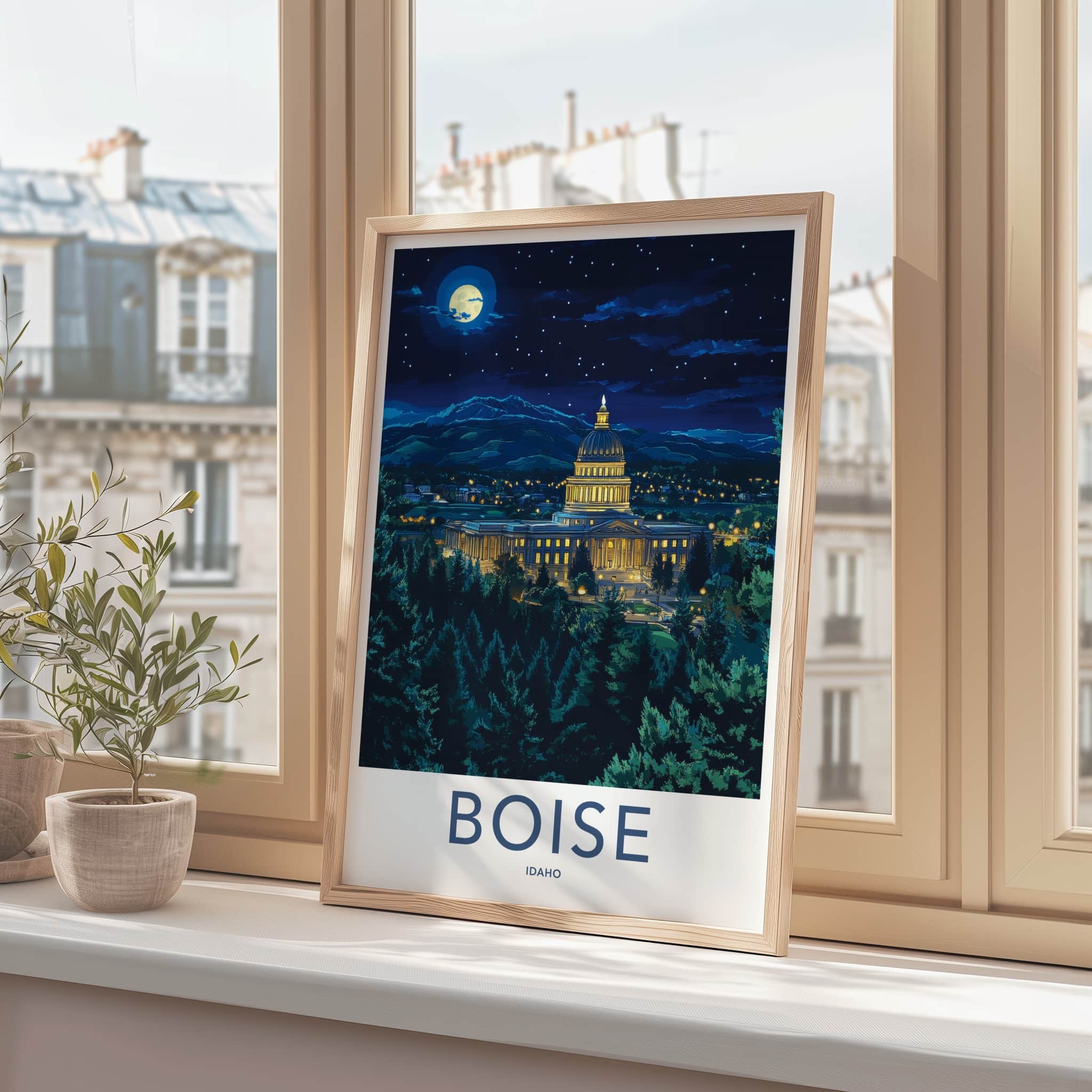 Boise Poster - Idaho Travel Art - Capitol Moonlit Night Home Decor
