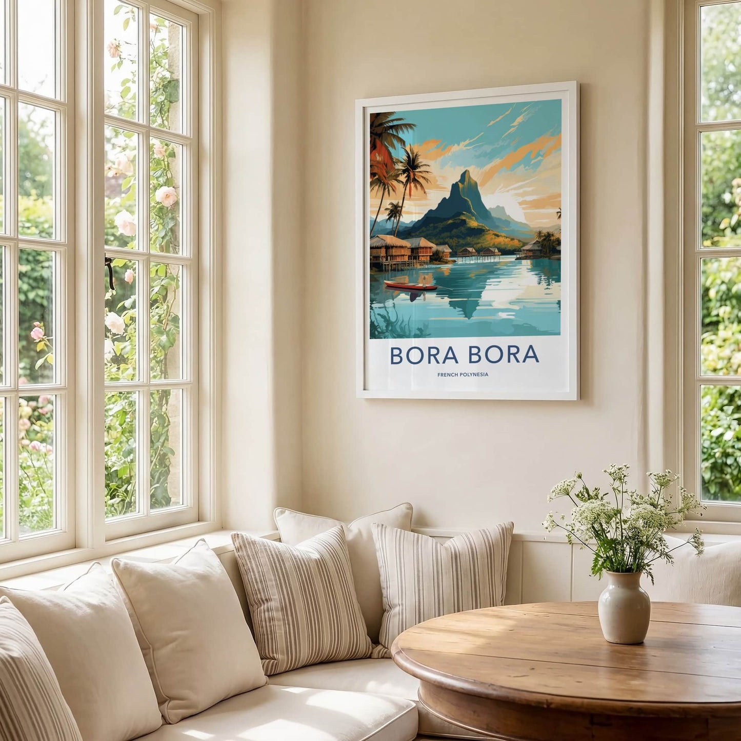 Bora Bora Poster - French Polynesia Travel Print - Overwater Bungalow Scene Home Decor