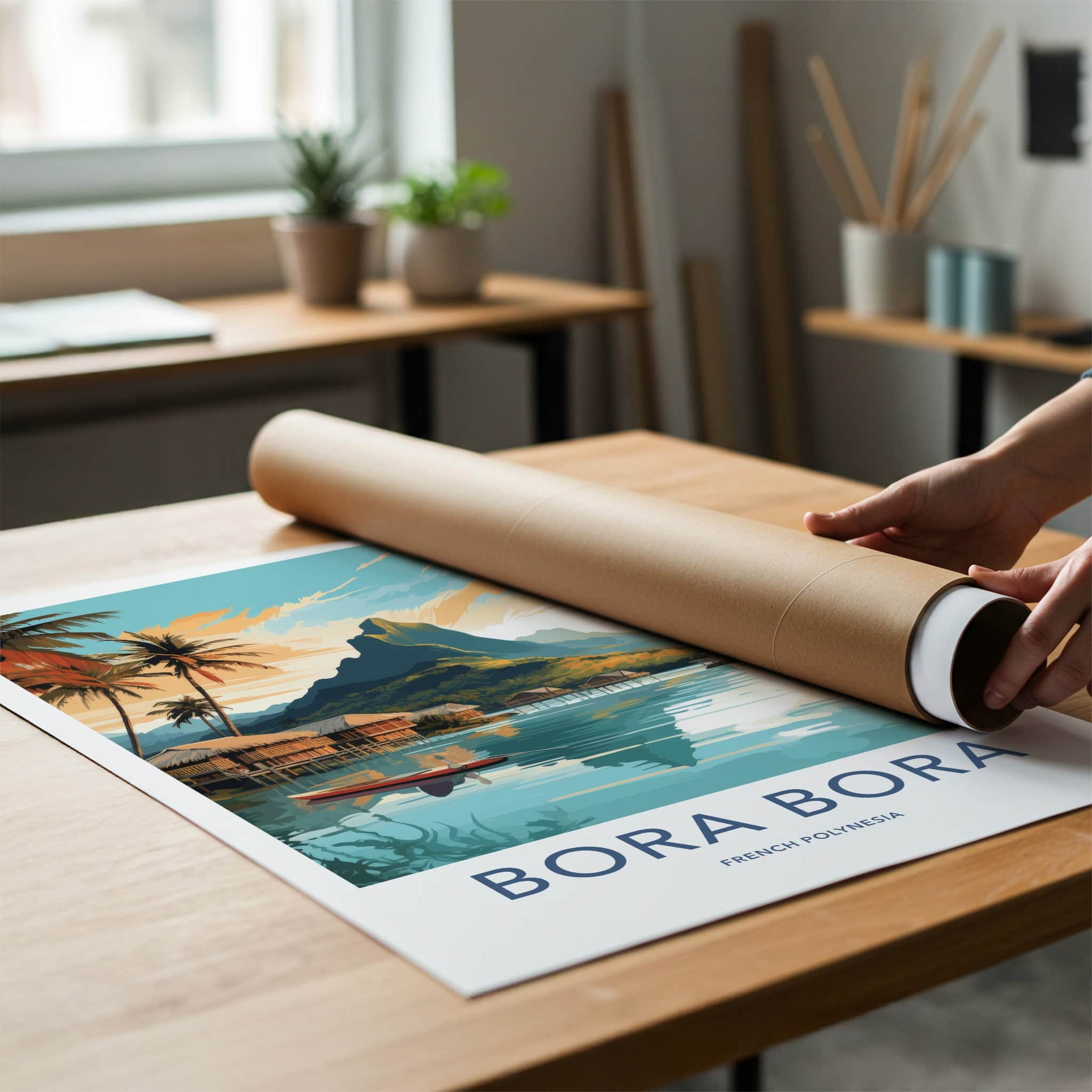 Bora Bora Poster - French Polynesia Travel Print - Overwater Bungalow Scene Home Decor