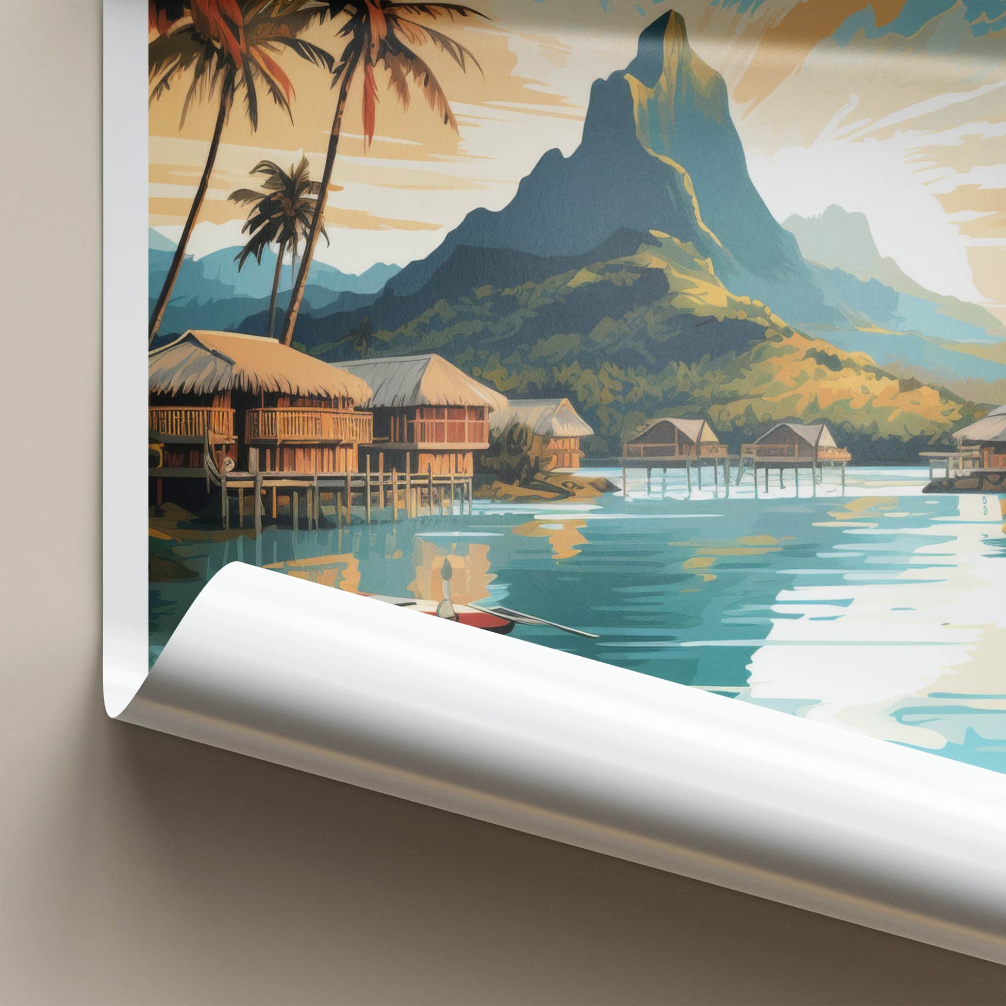 Bora Bora Poster - French Polynesia Travel Print - Overwater Bungalow Scene Home Decor