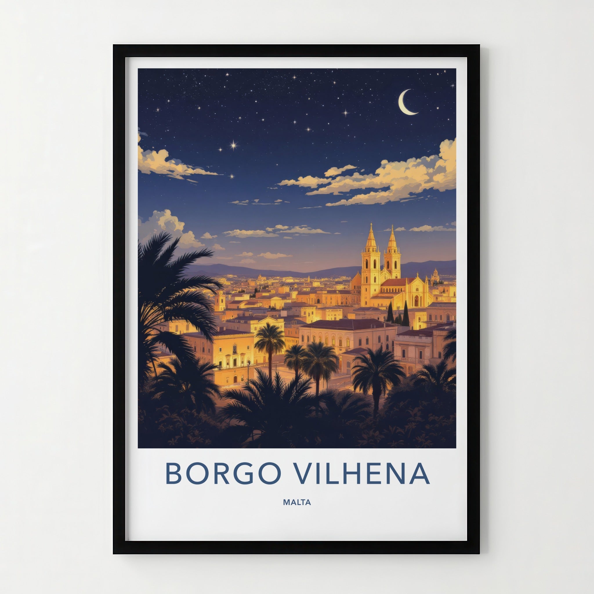 Borgo Vilhena Poster - Malta Travel Art - Moonlit Cityscape Home Decor
