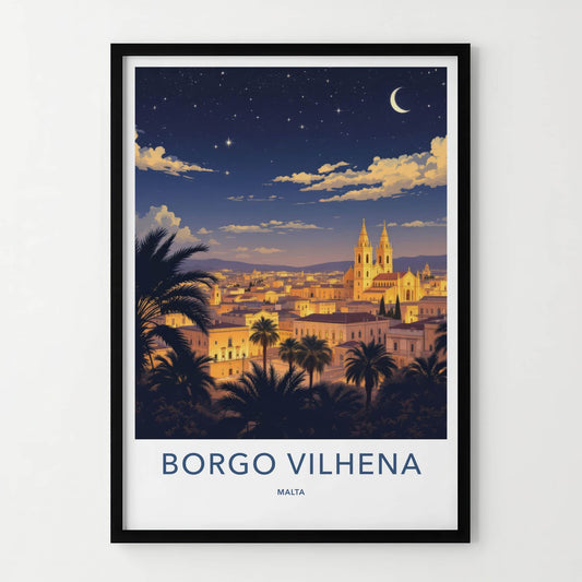 Borgo Vilhena Poster - Malta Travel Art - Moonlit Cityscape Home Decor