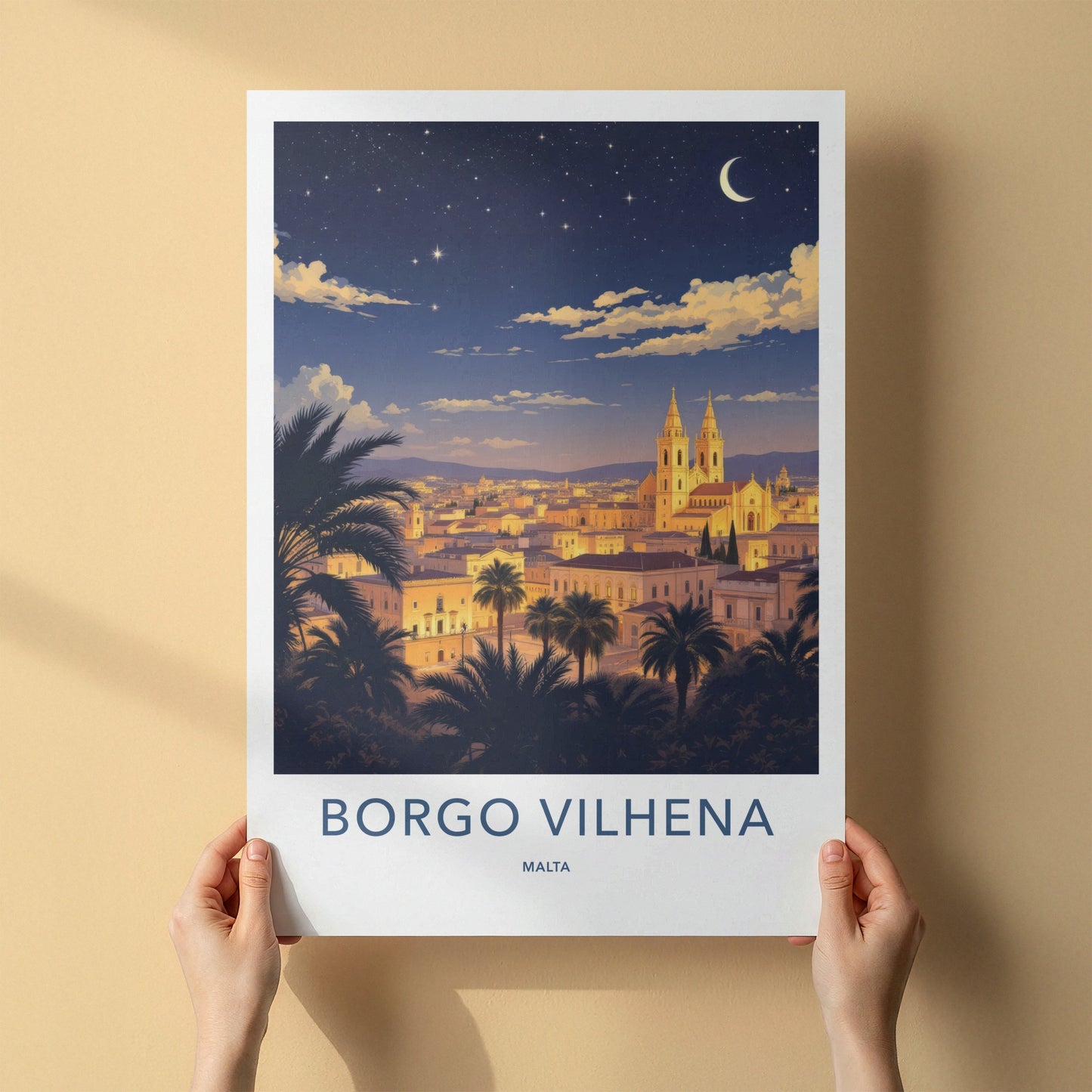 Borgo Vilhena Poster - Malta Travel Art - Moonlit Cityscape Home Decor