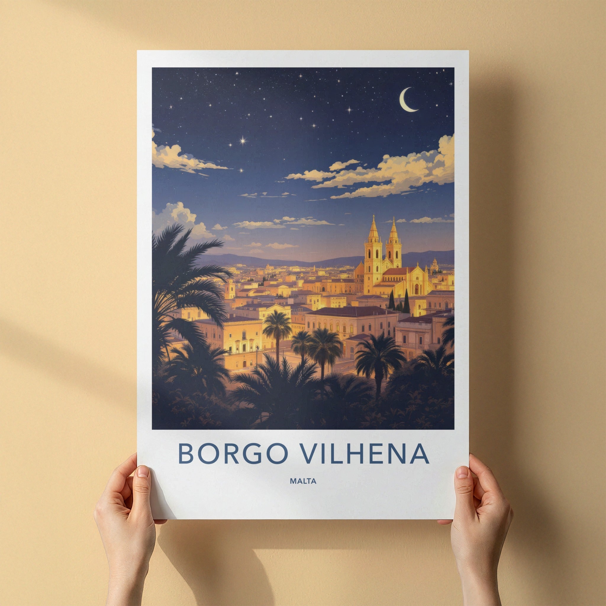 Borgo Vilhena Poster - Malta Travel Art - Moonlit Cityscape Home Decor