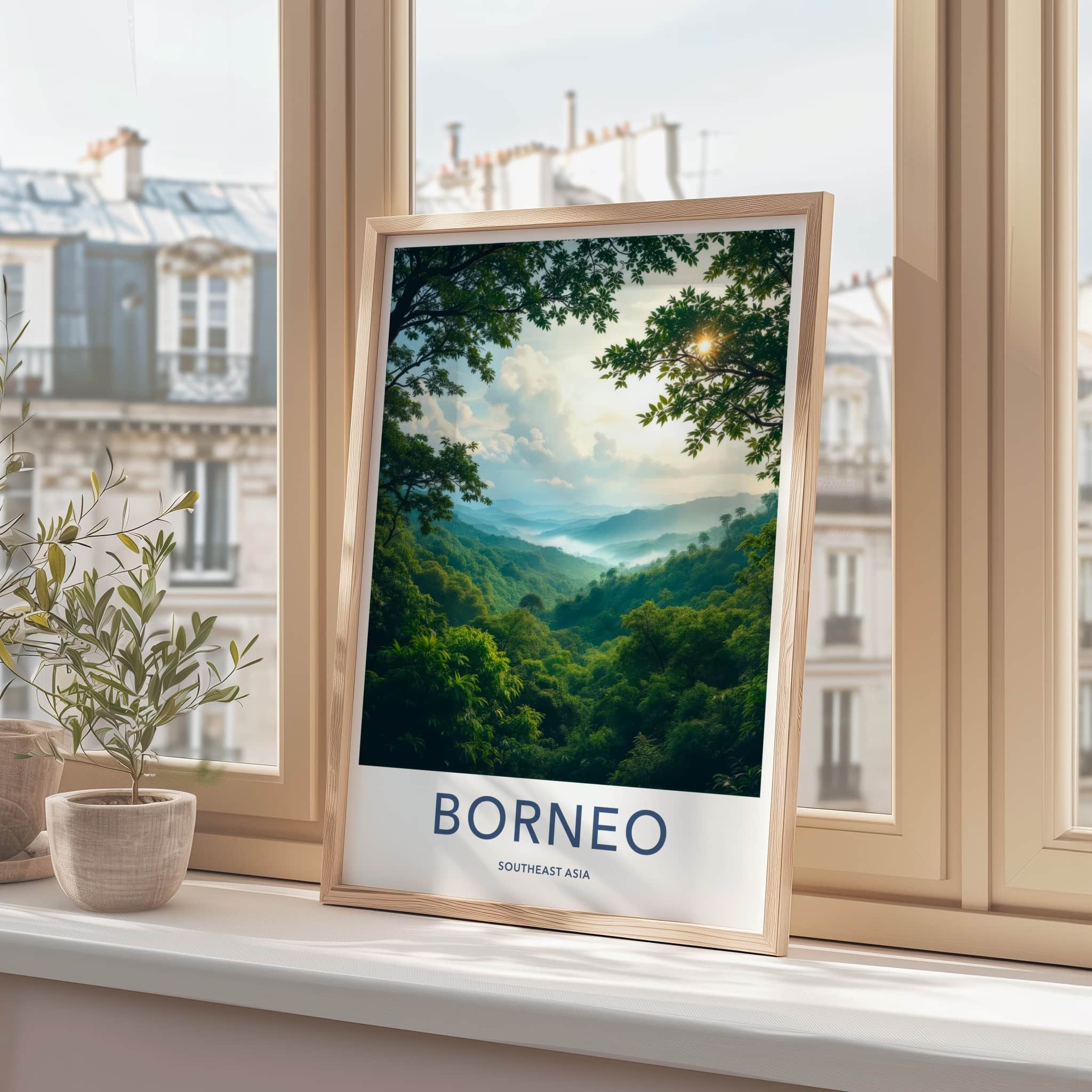 Borneo Poster - Indonesia Travel Art - Misty Green Valleys Home Decor