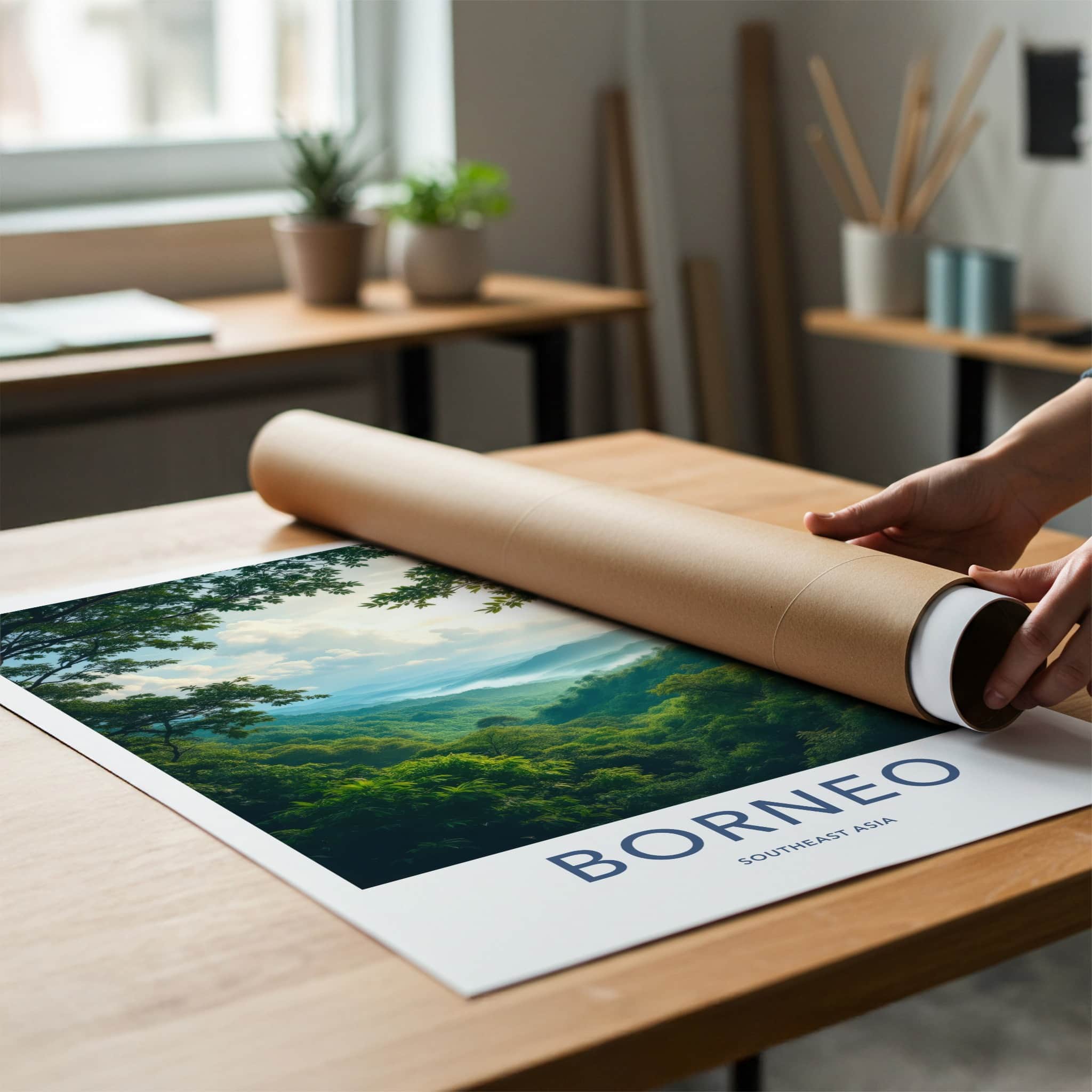 Borneo Poster - Indonesia Travel Art - Misty Green Valleys Home Decor