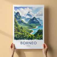 Borneo Poster - Malaysia Travel Art - Lush Coastal Mountains Wall Decor