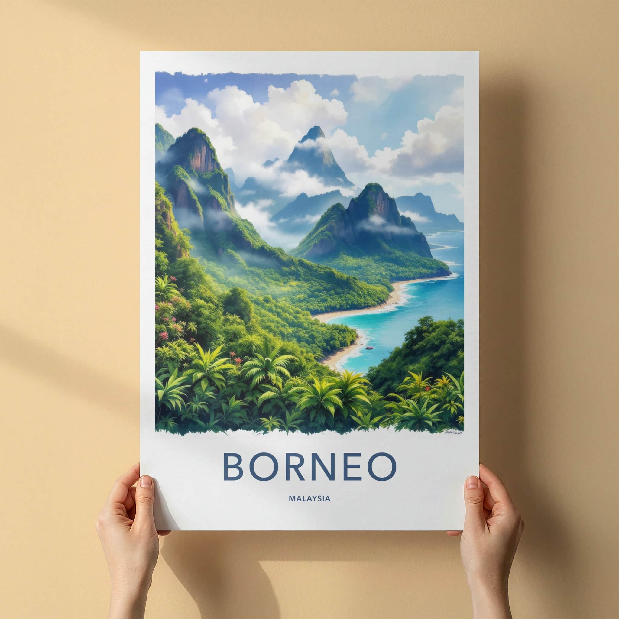 Borneo Poster - Malaysia Travel Art - Lush Coastal Mountains Wall Decor