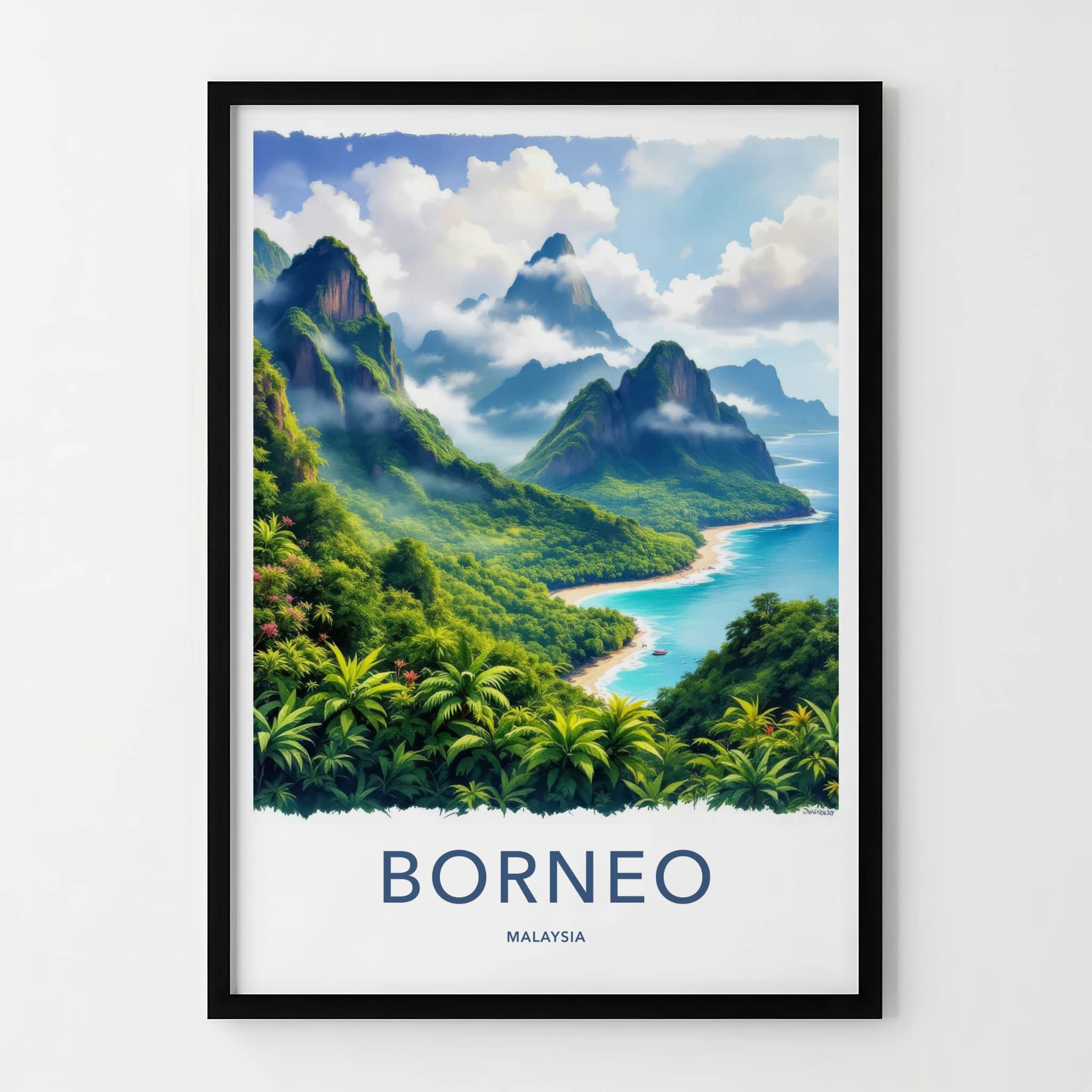 Borneo Poster - Malaysia Travel Art - Lush Coastal Mountains Wall Decor