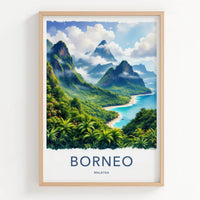 Borneo Poster - Malaysia Travel Art - Lush Coastal Mountains Wall Decor