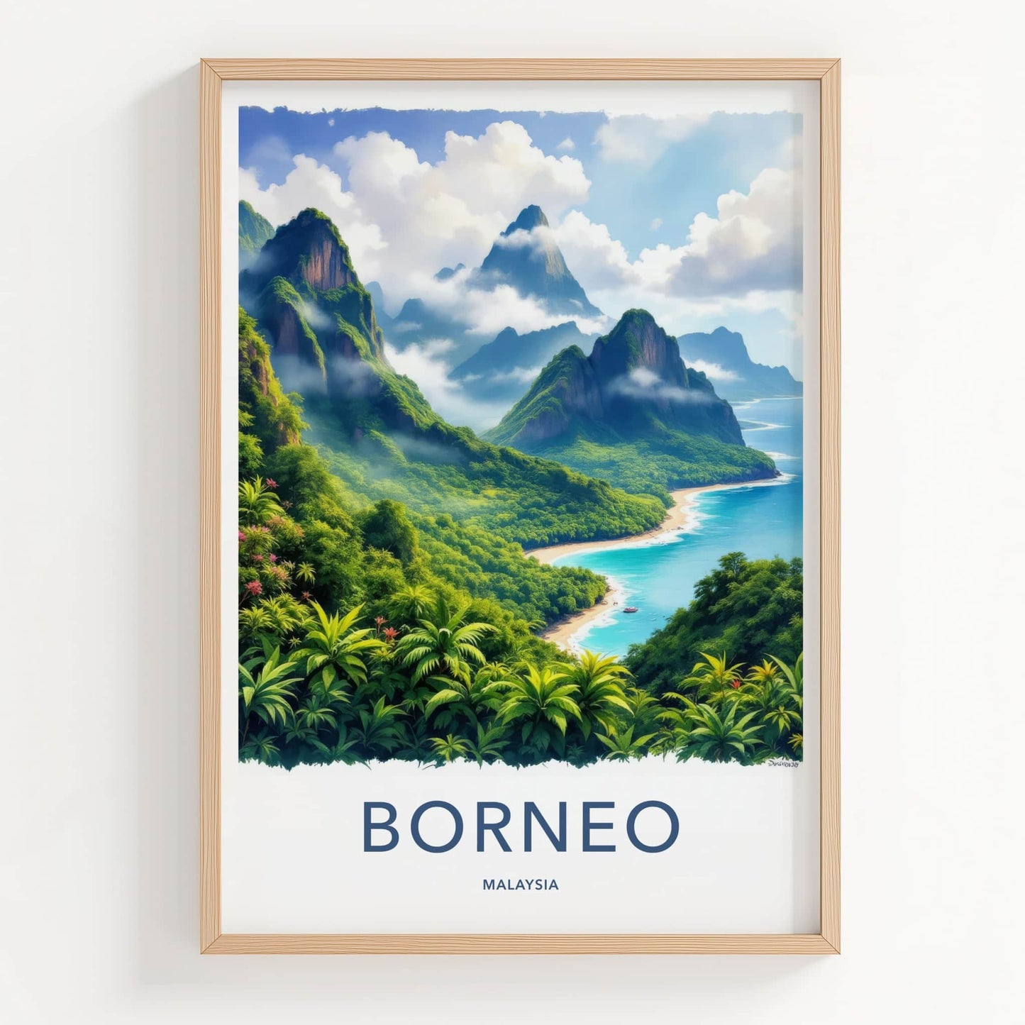 Borneo Poster - Malaysia Travel Art - Lush Coastal Mountains Wall Decor