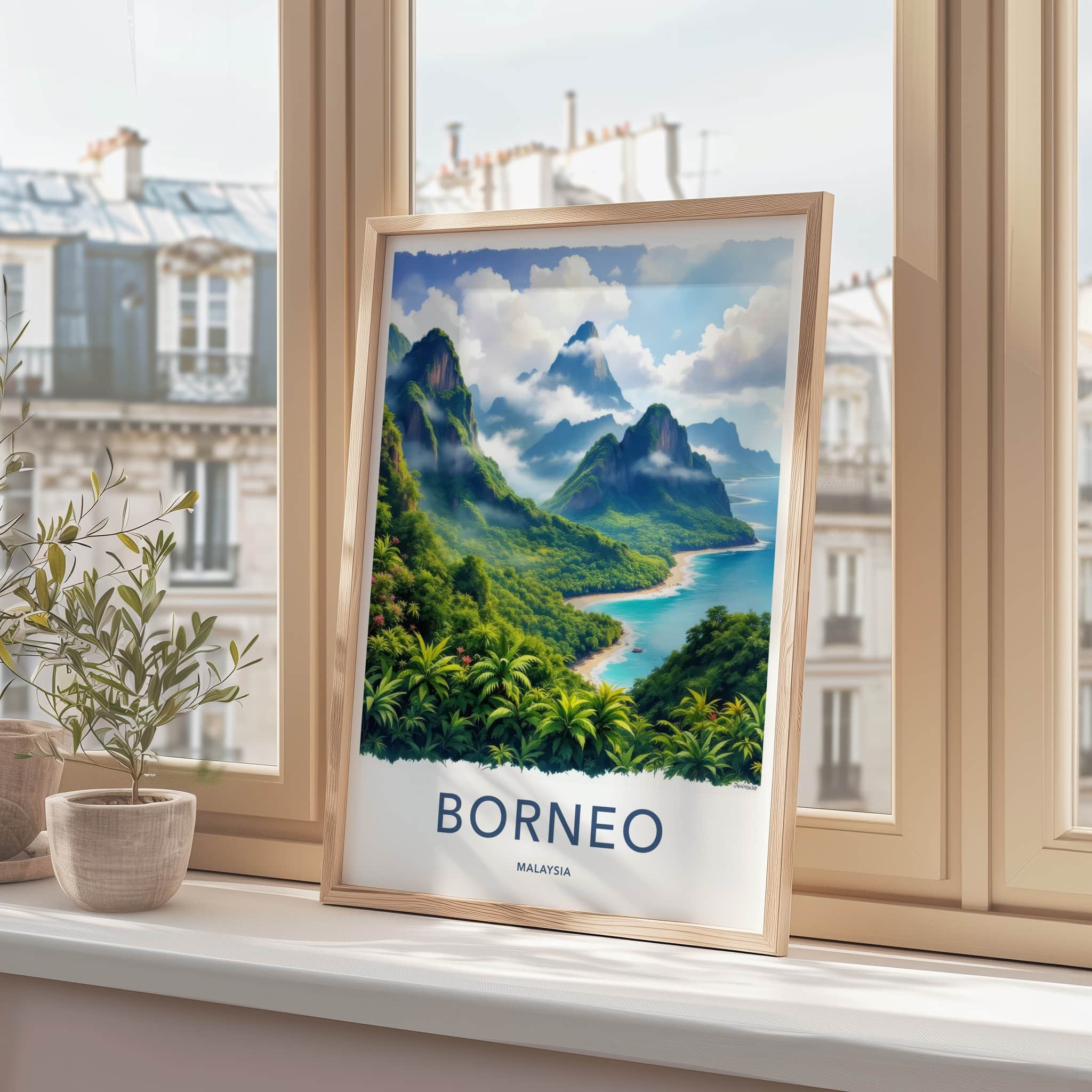 Borneo Poster - Malaysia Travel Art - Lush Coastal Mountains Wall Decor