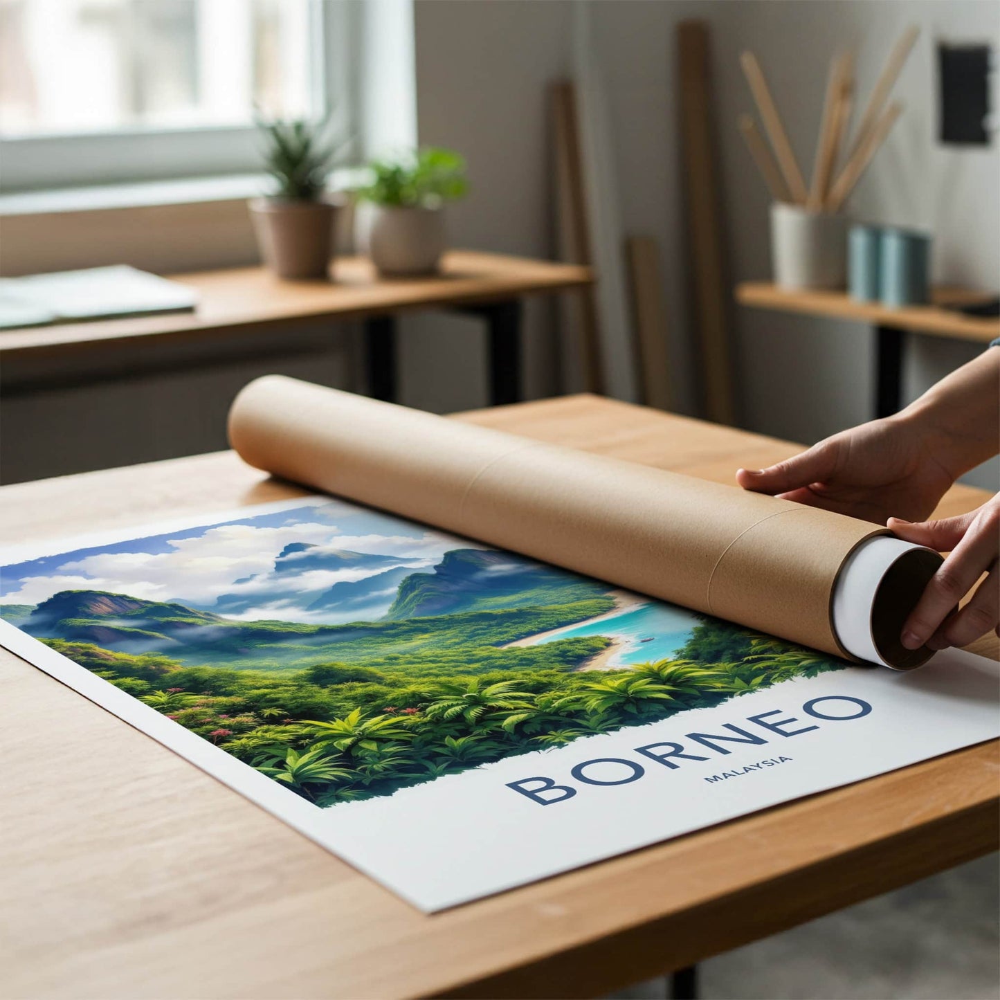Borneo Poster - Malaysia Travel Art - Lush Coastal Mountains Wall Decor