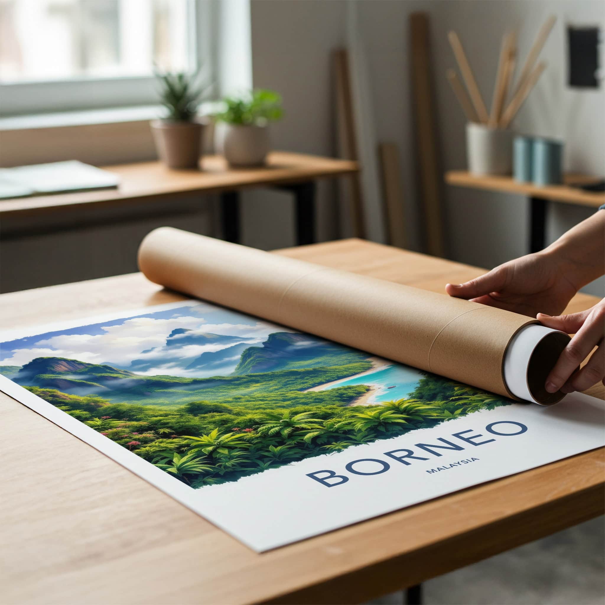 Borneo Poster - Malaysia Travel Art - Lush Coastal Mountains Wall Decor