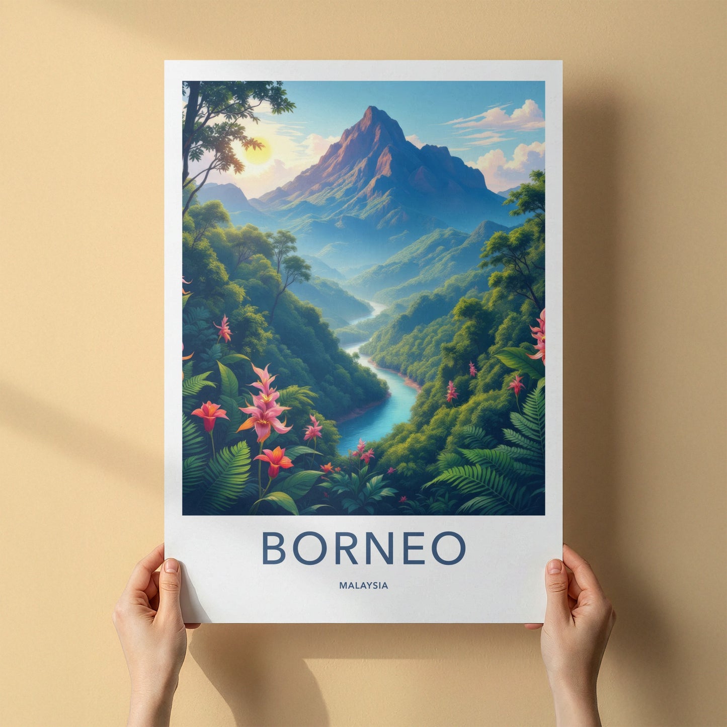 Borneo Poster - Malaysia Travel Art - Lush Mountain River Home Decor