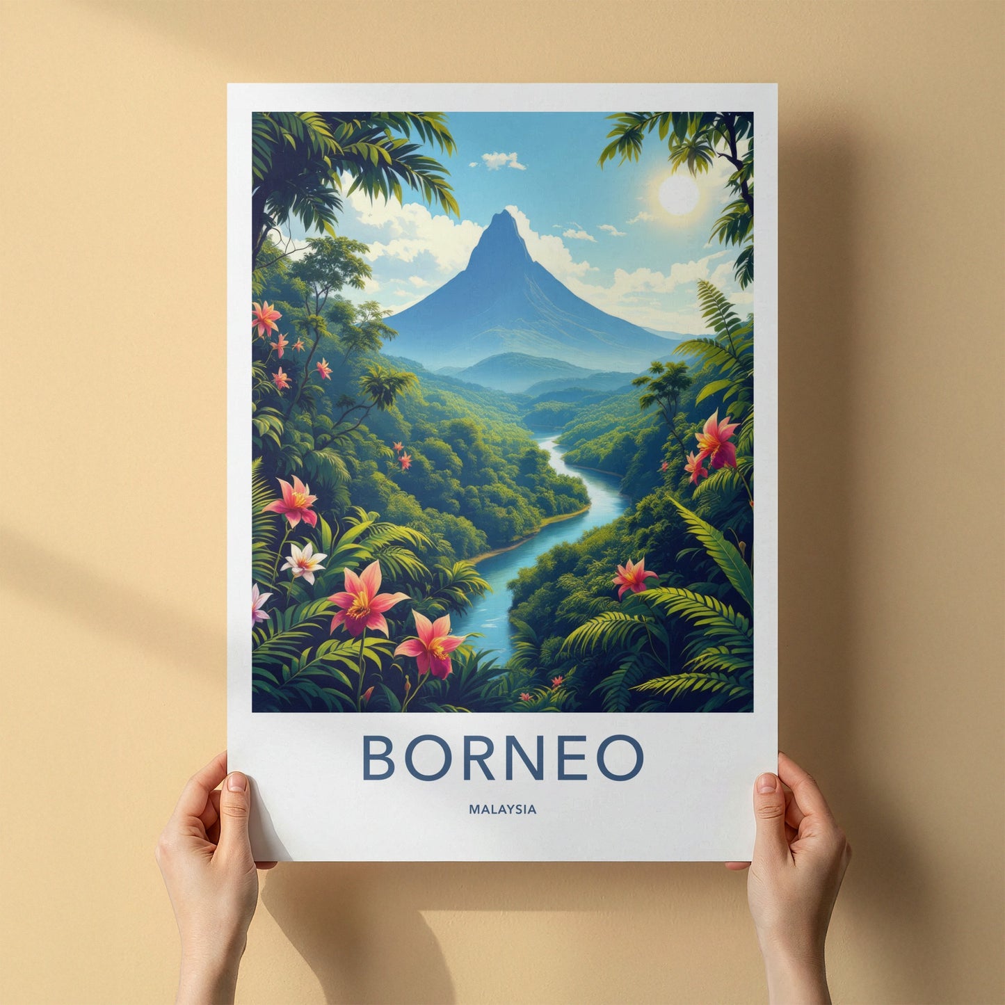 Borneo Poster - Malaysia Travel Art - Majestic Mountain River Home Decor