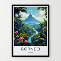 Borneo Poster - Malaysia Travel Art - Majestic Mountain River Home Decor