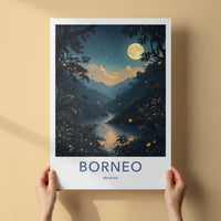 Borneo Poster - Malaysia Travel Art - Moonlit Jungle River Lounge Decor